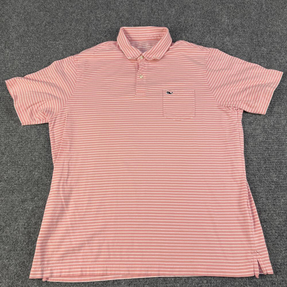 Vineyard Vines Polo Shirt Mens Large Pink White Stripe Classic Fit Pima Cotton
